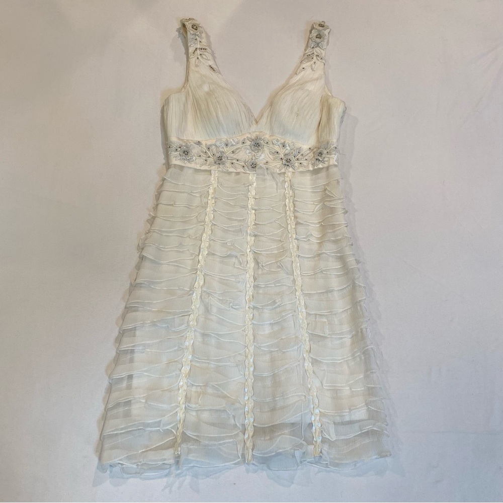 Sue Wong Elegant White Silk Sleeveless Dress with Floral Beaded Embellishments S